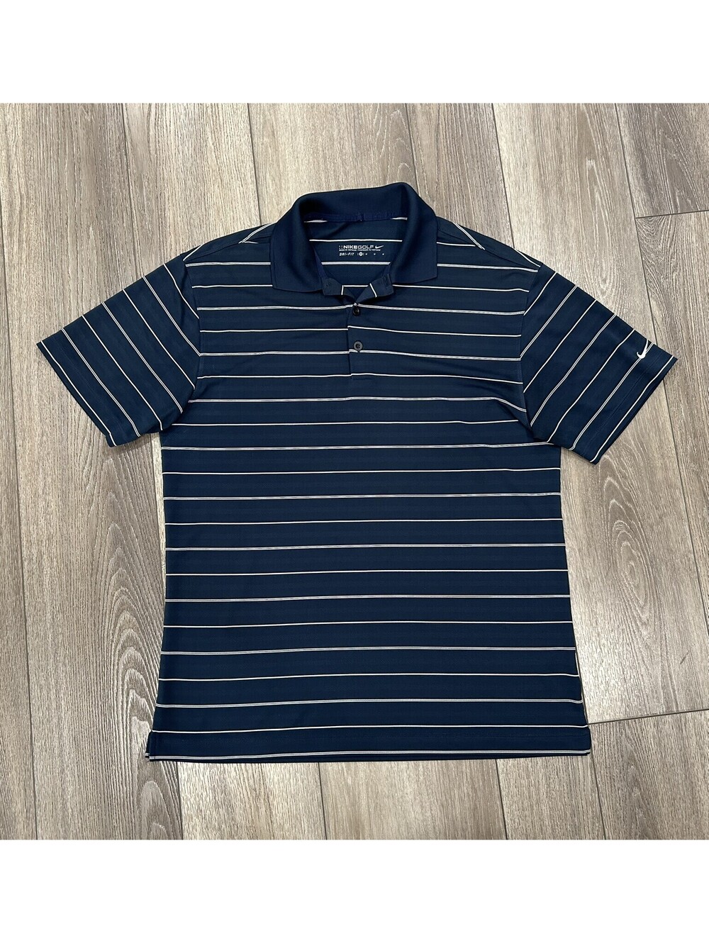 Nike Golf Mens NAVY BLUE White Stripe Dri-Fit Athletic Shirt Sz Medium